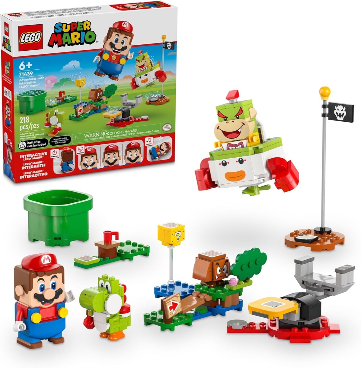 A collection of LEGO minifigures from the Super Mario Adventures Pack with Mario 