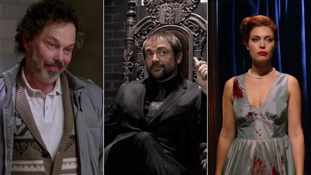 Left: Curtis Armstrong as Metatron. Center: Mark Sheppard as Crowley. Right: Alaina Huffman as Abaddon in Supernatural