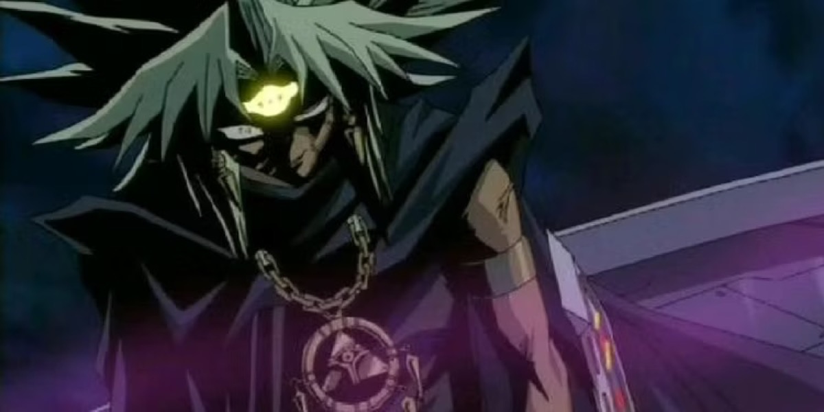 A scary looking shadow man grins in "Yu Gi Oh!" 