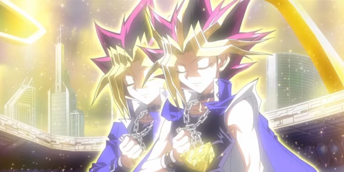 Yugi and Atem stand next to each other with eyes closed in "Yu Gi Oh"