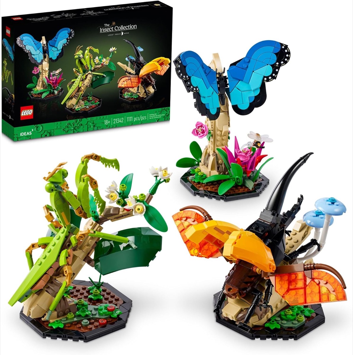 A Lego mantis, butterfly, and beetle set