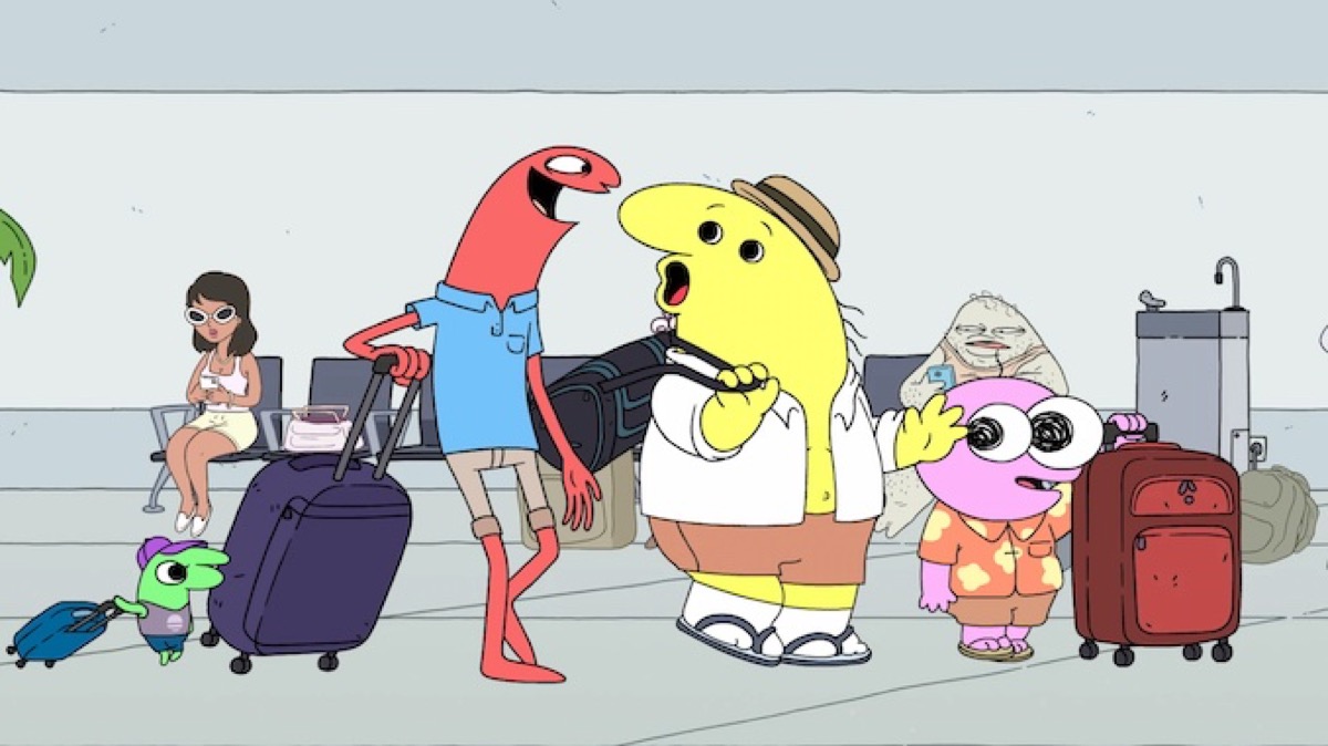 A group of animated critters walk around an airport in "Smiling Friends"