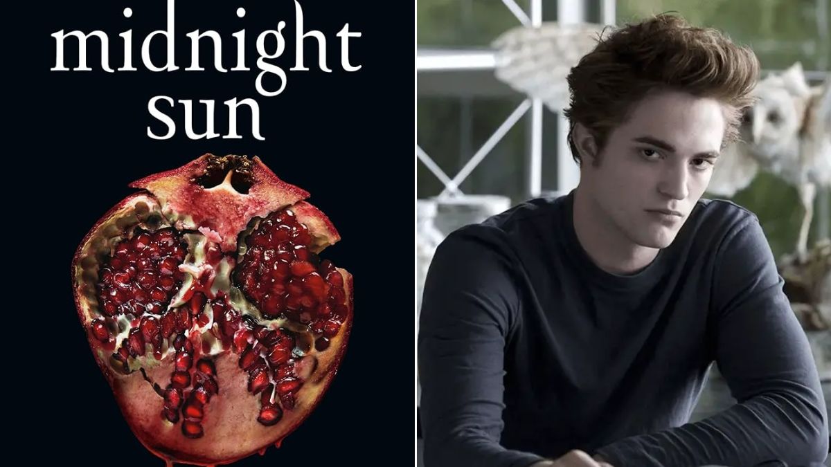 Left: A half cut pomegranate on the cover of Stephenie Meyer's novel Midnight Sun. Right: Robert Pattinson as Edward Cullen in Twilight