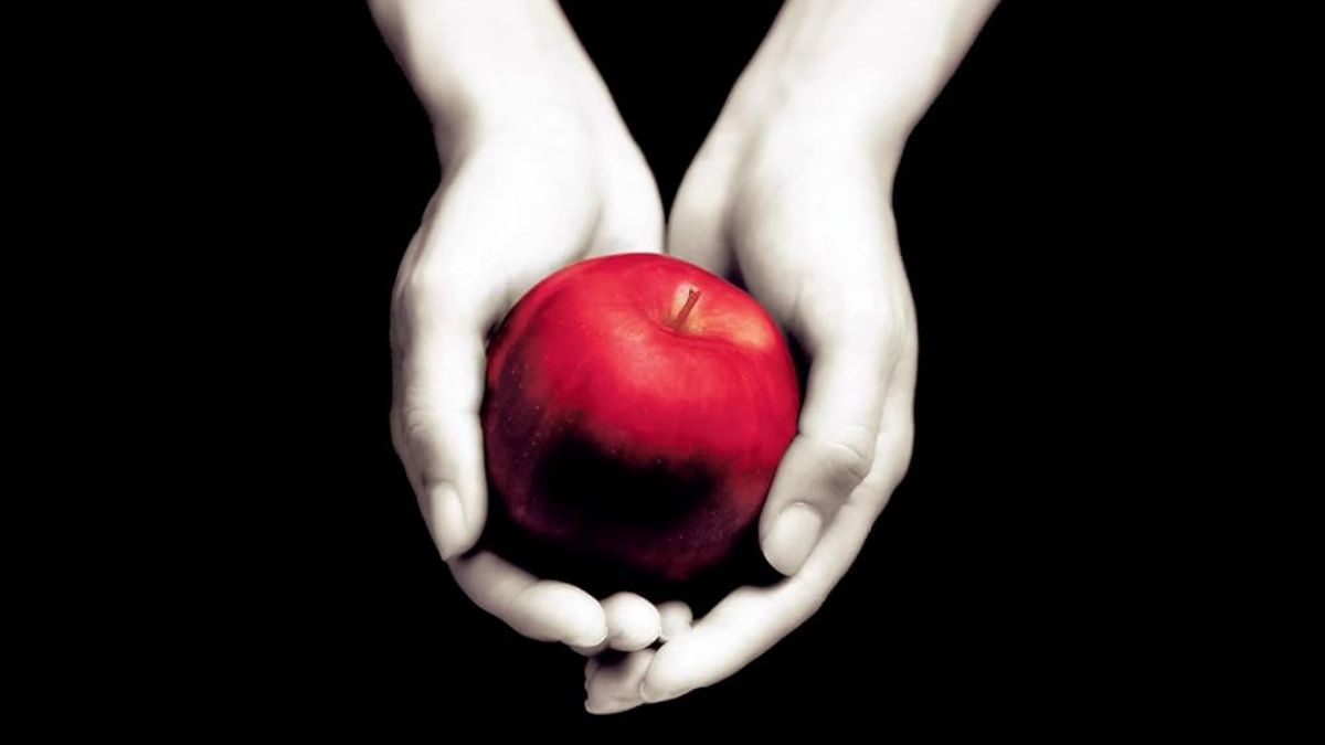 Two pale grey hands hold a blood red apple to form the cover of Stephenie Meyer's Twilight book