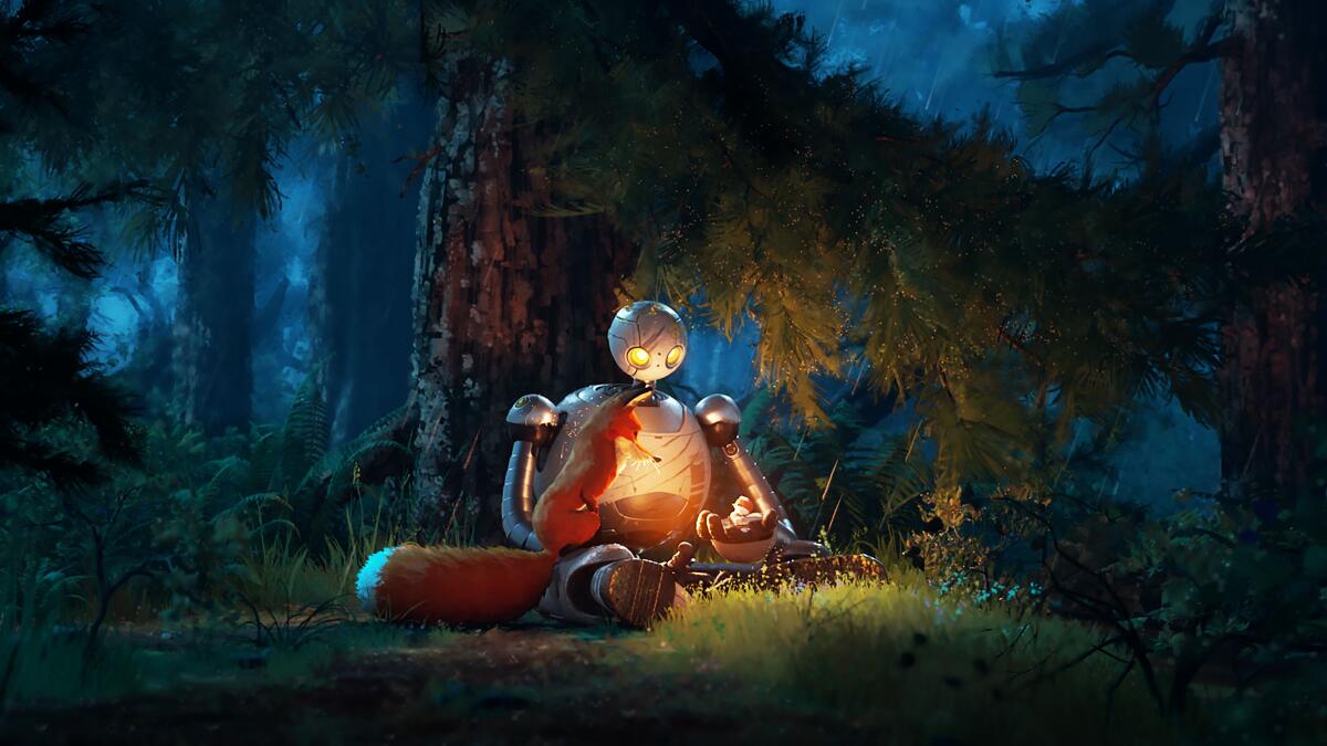 A robot sits by a campfire in the woods in "The Wild Robot"