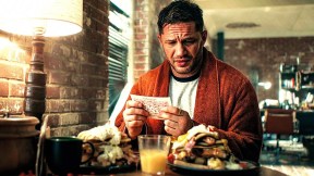 Tom Hardy as Eddie Brock looking at the breakfast Venom made him Venom: Let There Be Carnage