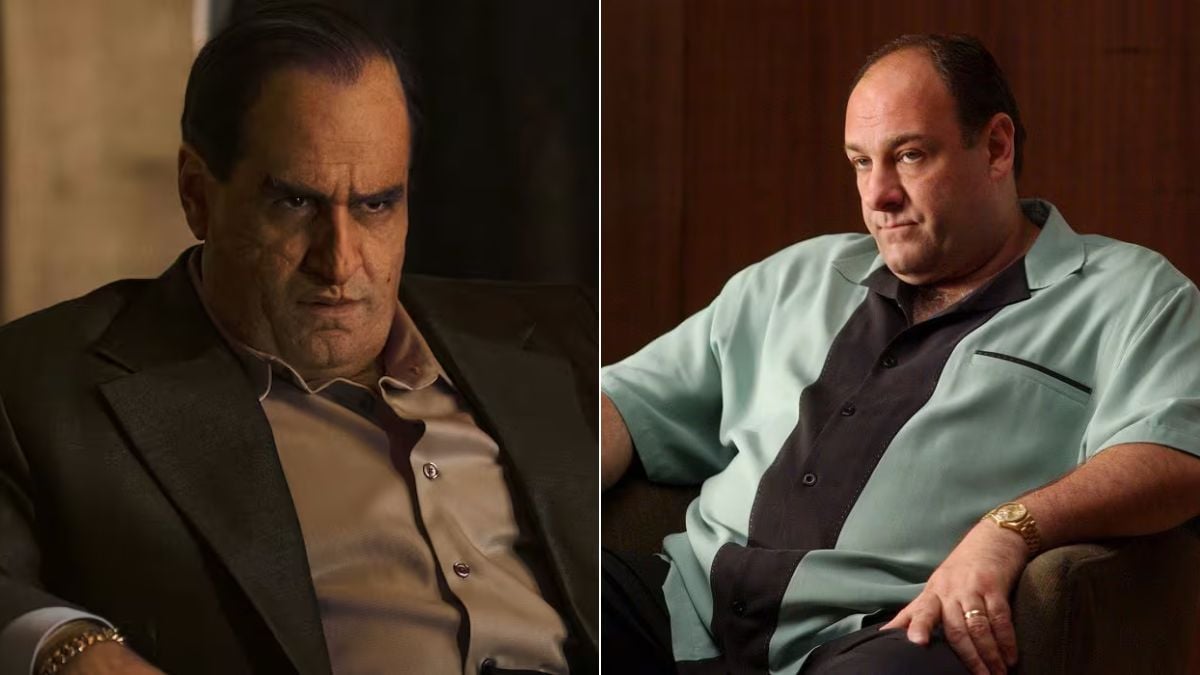 Left: Will Farrell as Oz Cobb in The Penguin. Right: James Gandolfini as Tony Soprano in The Sopranos