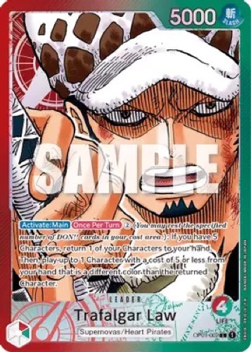 A Trafalgar D. Law (Leader) trading card from "One Piece" 