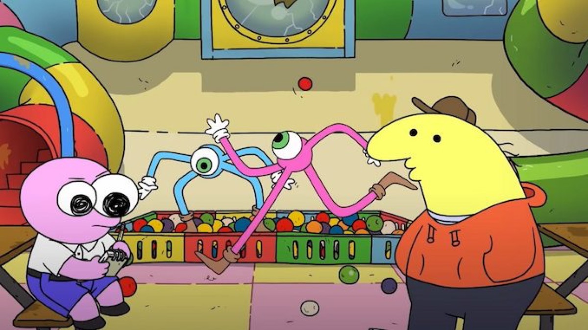 Two animated creatures stare at eye monsters in "Smiling Friends"