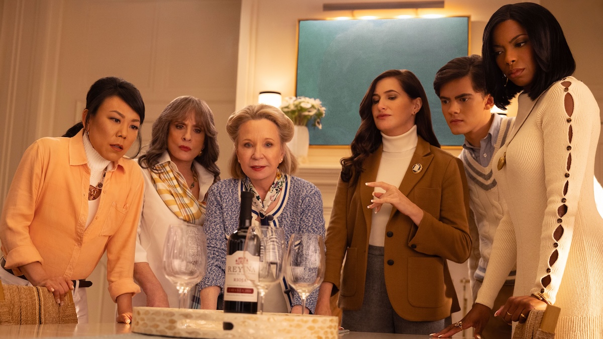 (L-R): Alice Wu-Gulliver (Ali Ahn), Lilia Calderu (Patti LuPone), Mrs. Hart/Sharon Davis (Debra Jo Rupp), Agatha Harkness (Kathryn Hahn), Teen (Joe Locke) and Jennifer Kale (Sasheer Zamata) in Marvel Television's AGATHA ALL ALONG, exclusively on Disney +. Photo by Chuck Zlotnick. © 2024 MARVEL.