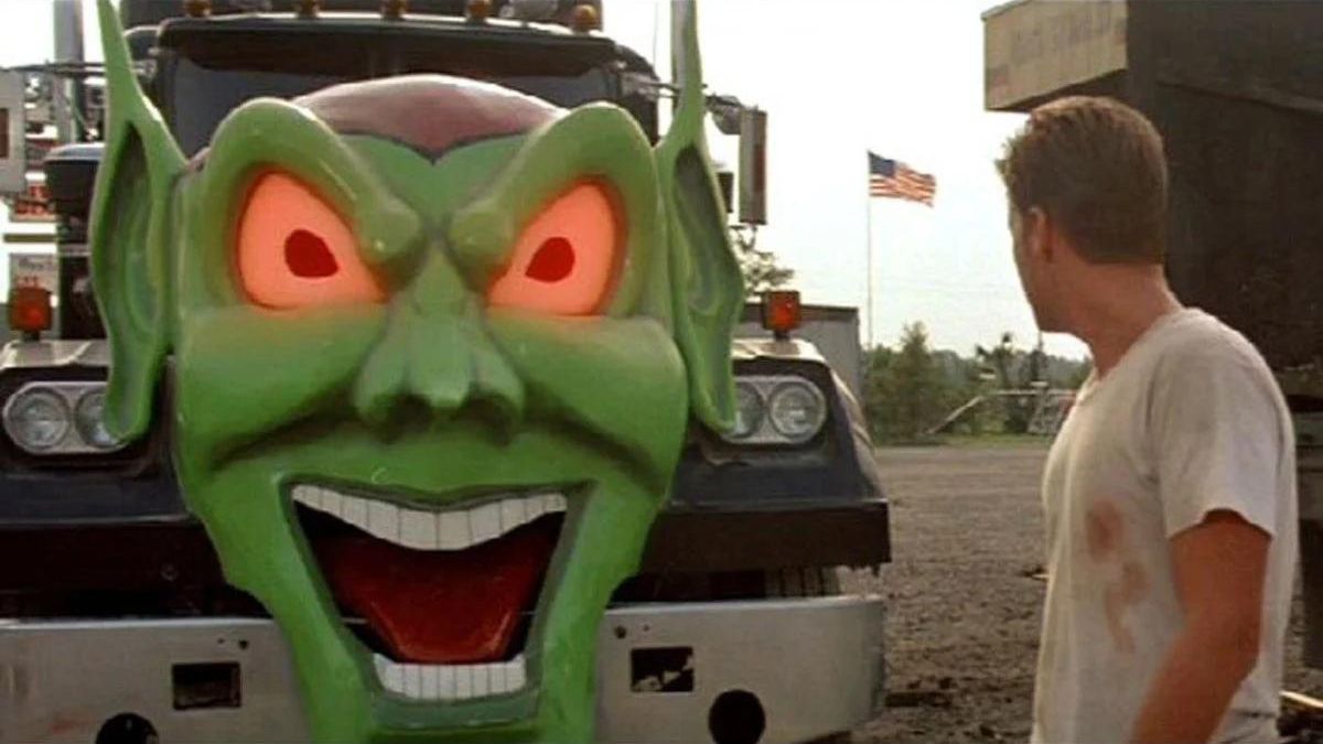 Emilio Estevez facing off against a truck in Maximum Overdrive.