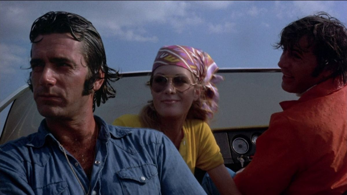 Three people riding on a boat in 1972's Frogs. 