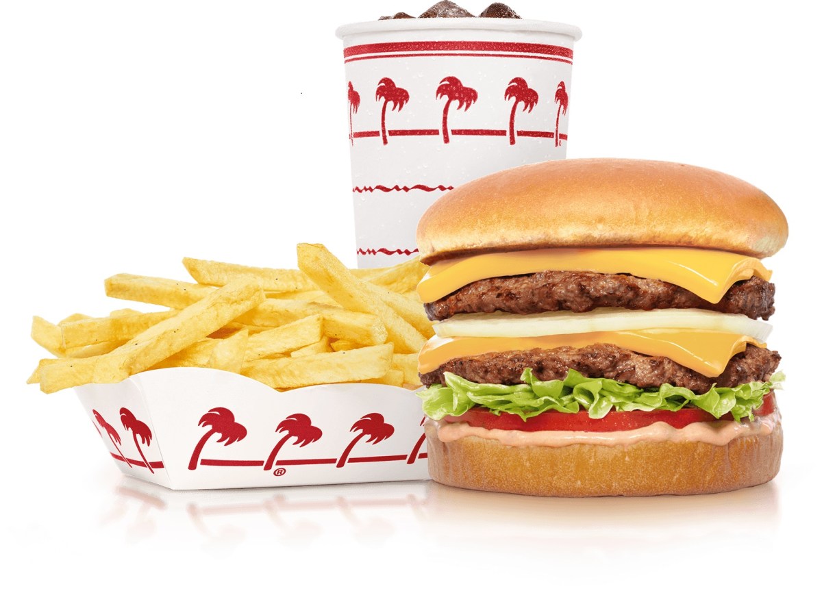 The Double-Double burger meal from In-n-Out, featuring fries, a drink, and the burger