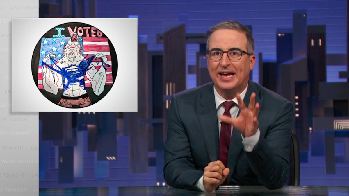 John Oliver displays an image of an "I Voted" sticker featuring a wolfman ripping open his shirt