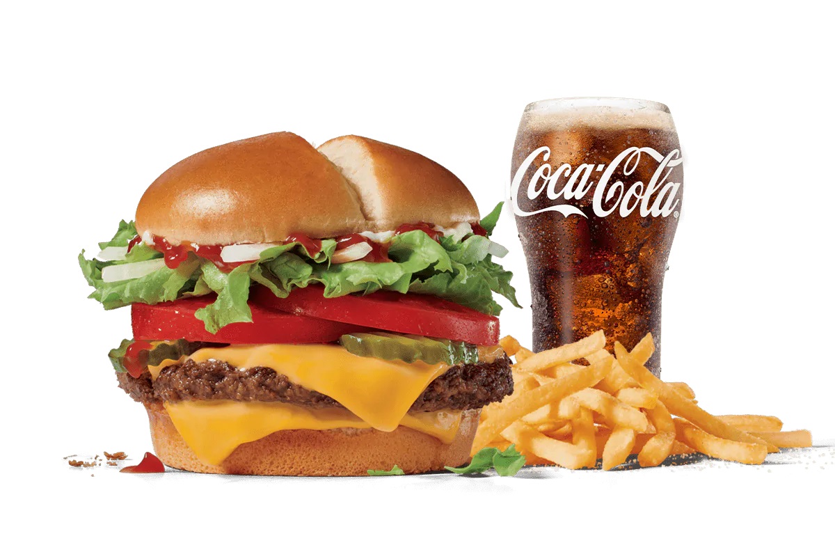 The Jumbo Jack Cheeseburger meal from Jack in the Box, featuring the burger, fries, and a drink