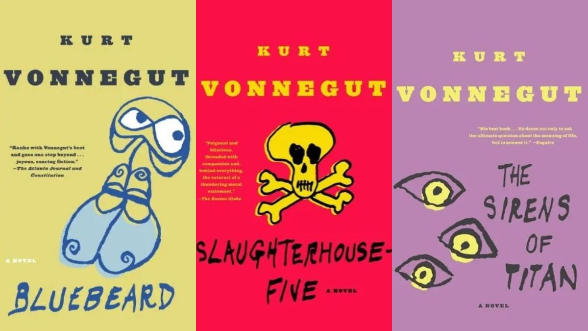 The book covers of Bluebeard, Slaughterhouse Five, and The Sirens of Titan, side by side.