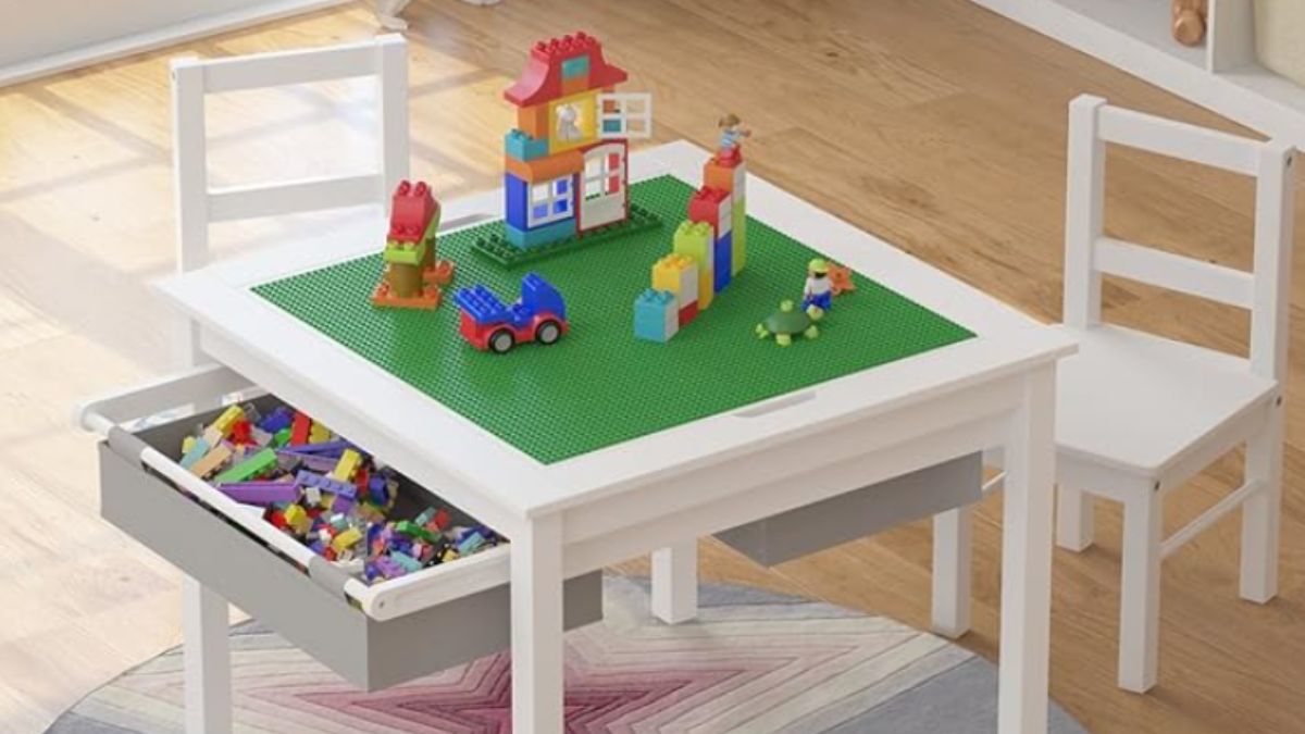 UTEX Wooden 2 in 1 Kids Construction Play Table with chairs for LEGO building. 