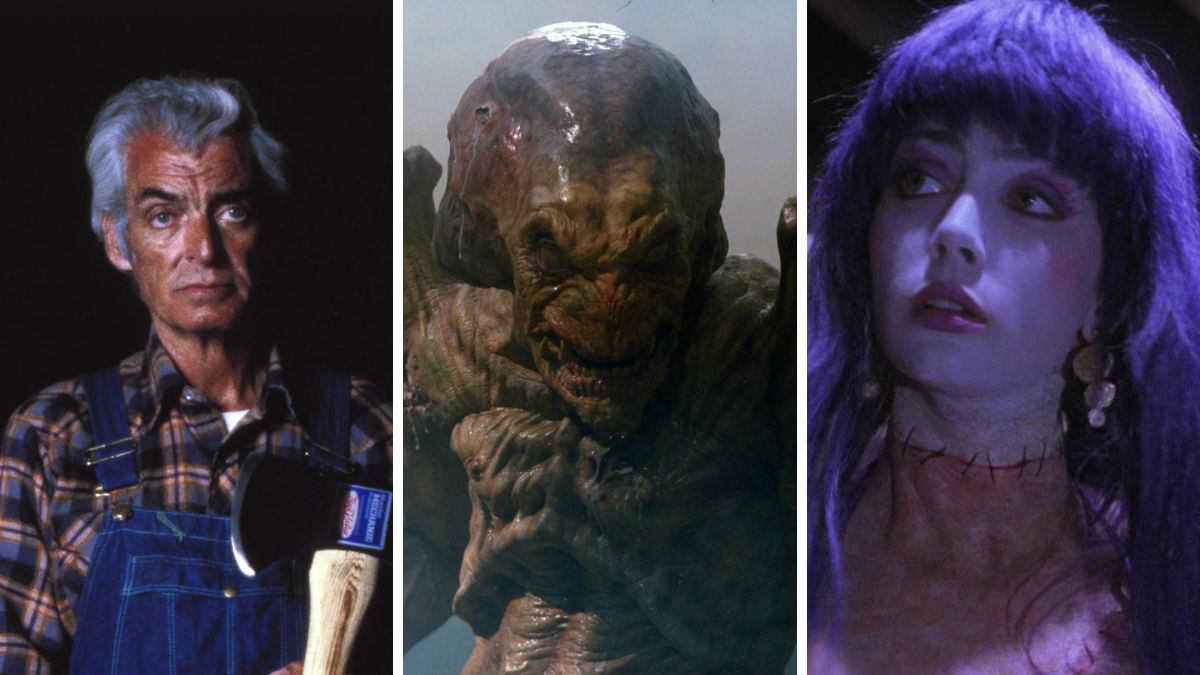 Side by side image of Motel Hell, Pumpkinhead, and Frankenhooker.