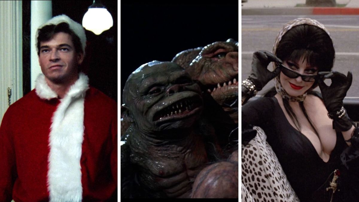 A side by side image featuring characters from Silent Night, Deadly Night 2, Ghoulies, and Elvira: Mistress of the Dark.