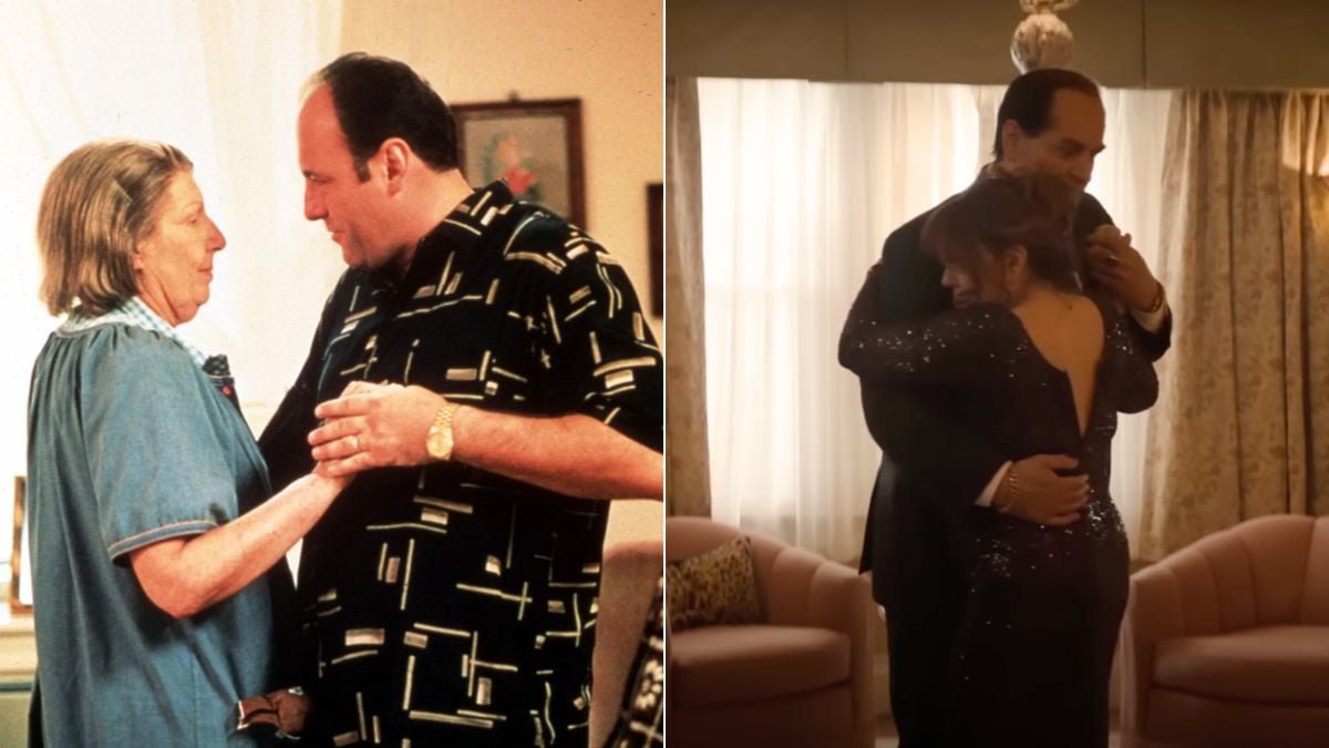 Left: Tony Soprano dancing with his mother in The Sopranos. Right: Oz Cobb dancing with his mother in The Penguin