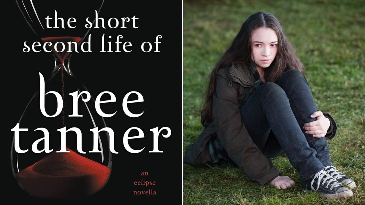 Left: an hourglass with red sand on the cover of The Short Second Life of Bree Tanner novella by Stephenie Meyer. Right: Jodelle Ferland as Bree Tanner in The Twilight Saga: Eclipse