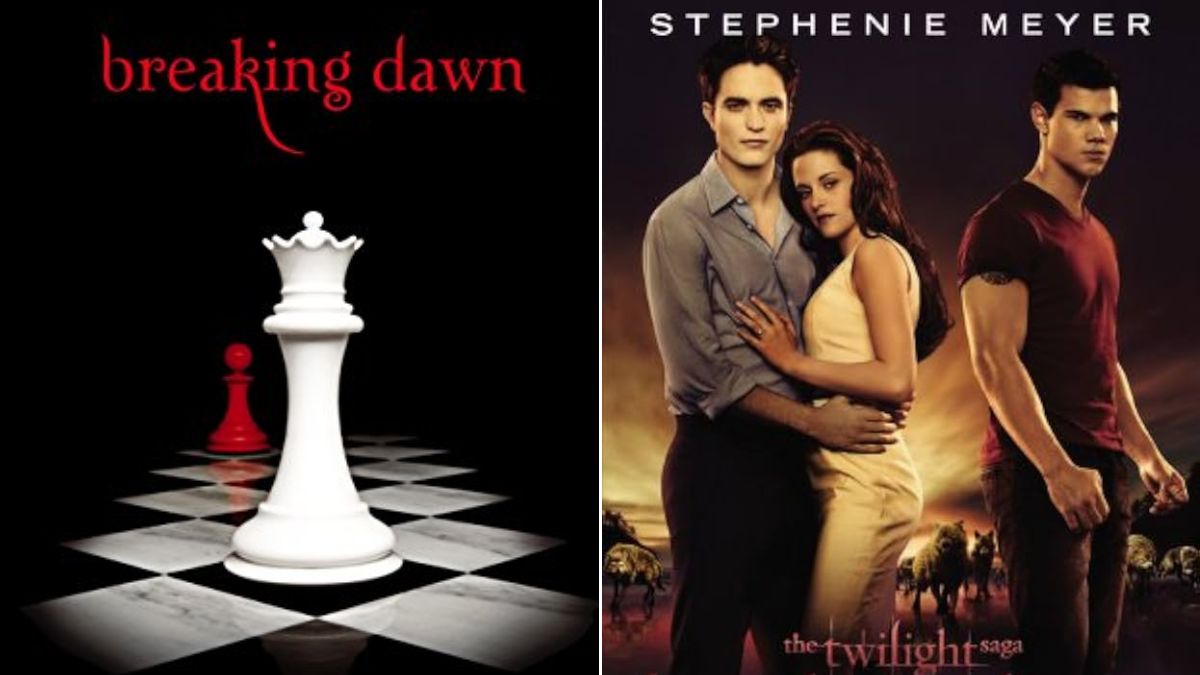 Left: A red pawn and and white queen on a chessboard on the cover of Stephenie Meyer's novel Breaking Dawn. Right: Robert Pattinson, Kristen Stewart, and Taylor Lautner as Edward, Bella, and Jacob on the poster of The Twilight Saga: Breaking Dawn