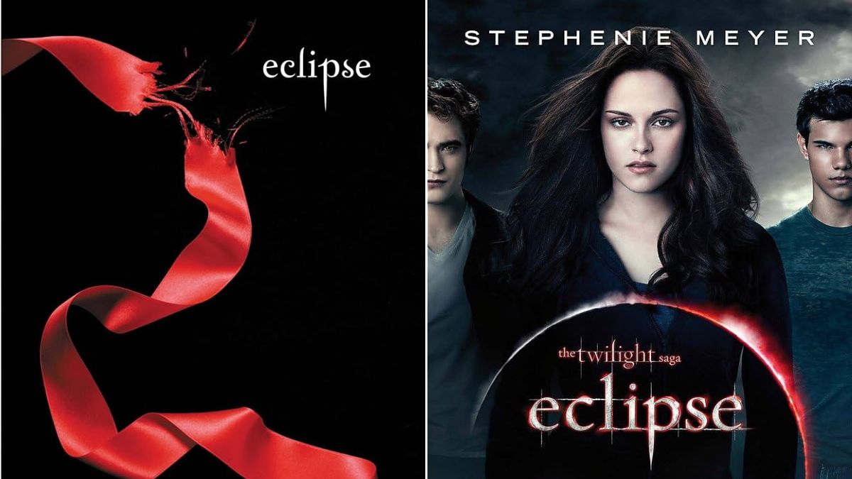 Left: A torn red ribbon on the cover of Stephenie Meyer's novel Eclipse. Right: Robert Pattinson, Kristen Stewart, and Taylor Lautner as Edward, Bella, and Jacob on the poster of The Twilight Saga: Eclipse