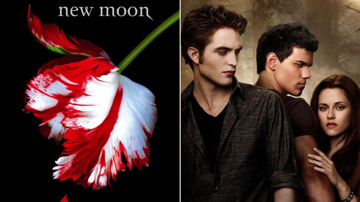 Left: A white flower dripping blood on the cover of Stephenie Meyer's novel New Moon. Right: Robert Pattinson, Taylor Lautner, and Kristen Stewart as Edward, Jacob, and Bella on the poster of the Twilight Saga: New Moon