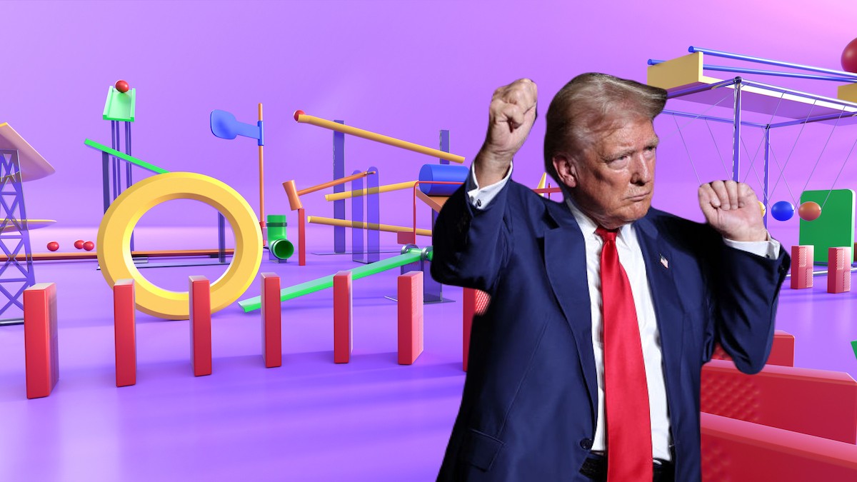 Donald Trump dancing superimposed over an illustration of an elaborate Rube Goldberg machine.