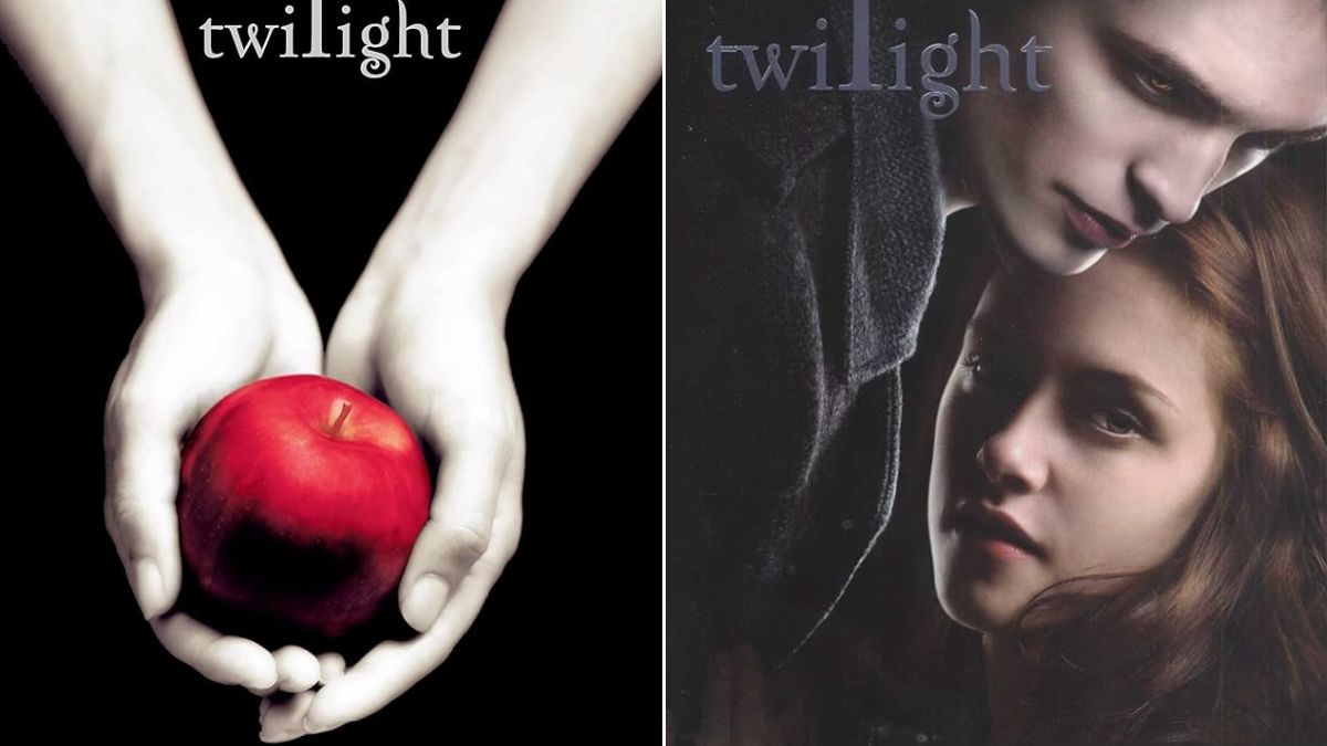 Left: Two pale grey hands hold a blood red apple on the cover of Stephenie Meyer's novel Twilight. Right: Robert Pattinson and Kristen Stewart as Edward and Bella from Twilight