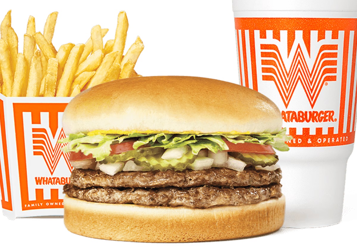 The Double Meat Whataburger meal featuring fries, a drink, and burger from Whataburger