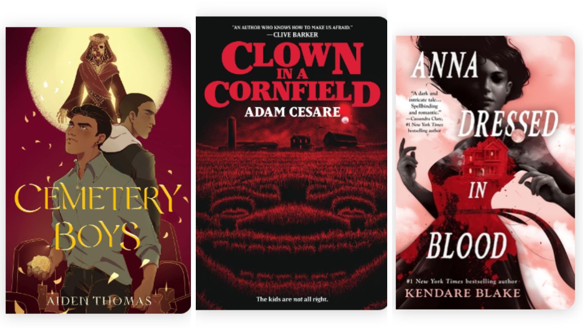 The cover art of Cemetery Boys, Clown in a Cornfield, and Anna Dressed in Blood side by side.