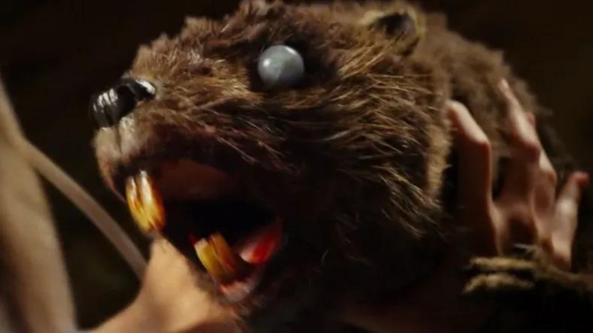 A zombie beaver attacking in Zombeavers. 