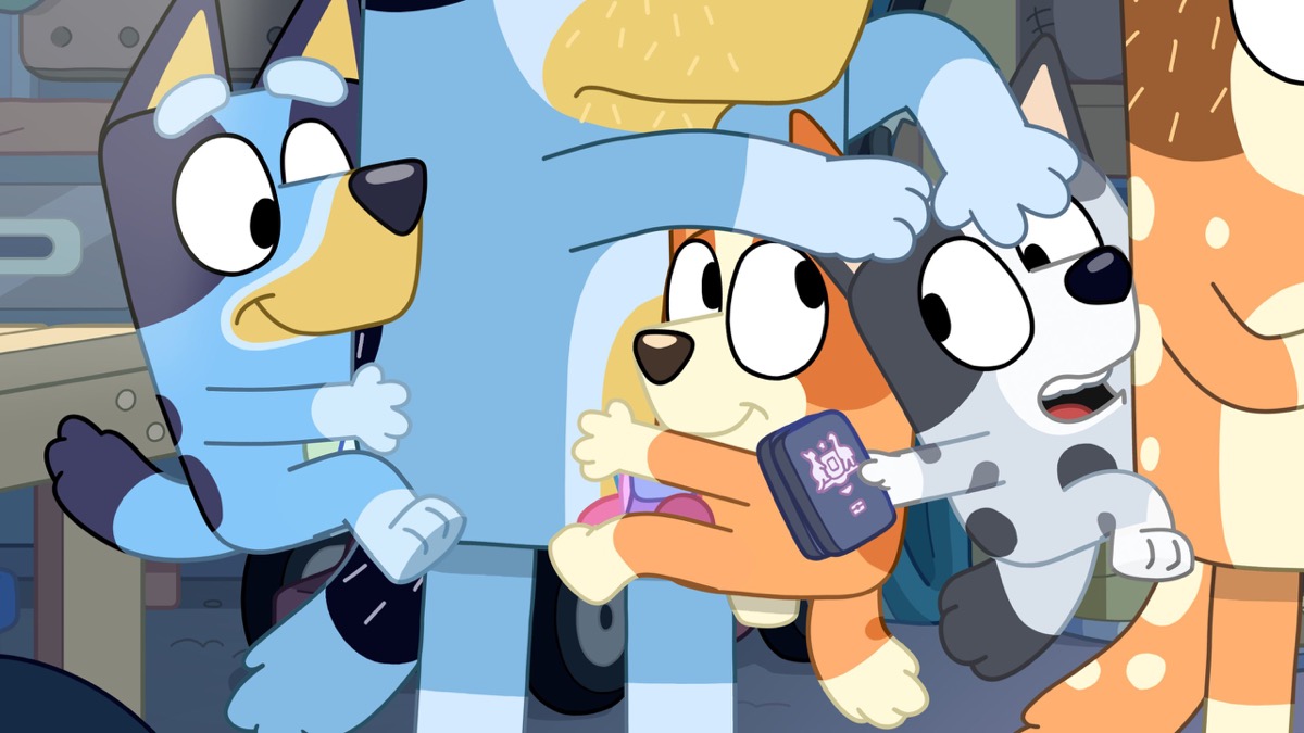 Animated pups cling to their parents' torsos in "Bluey" 