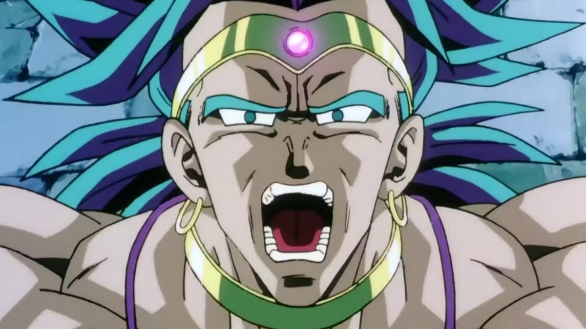 A blue haired man shouts into the sky in " Dragon Ball Z: Broly – The Legendary Super Saiyan"