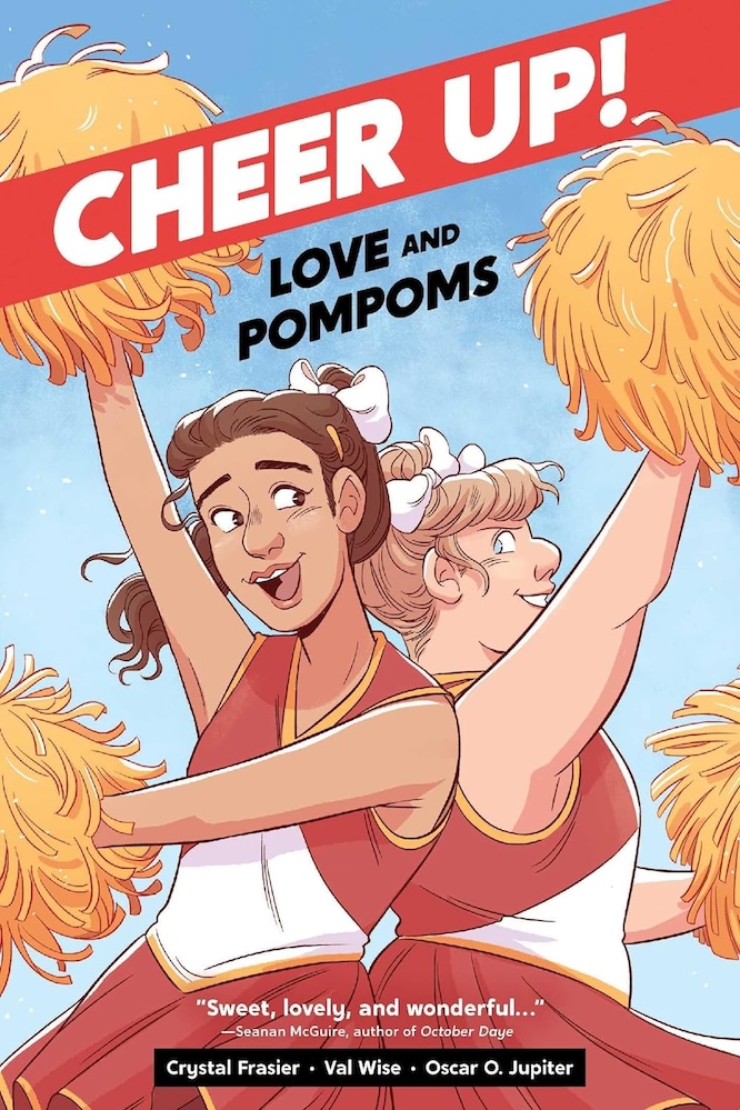 Cover of "Cheer Up- Love and Pompoms" depicting two cheerleaders in red and white uniforms with pompoms