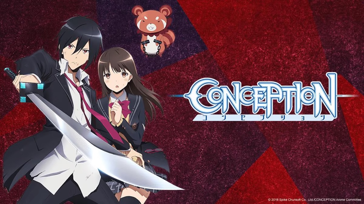 A boy points a sword while a timid girl clings to him in promo art for "Conception" 