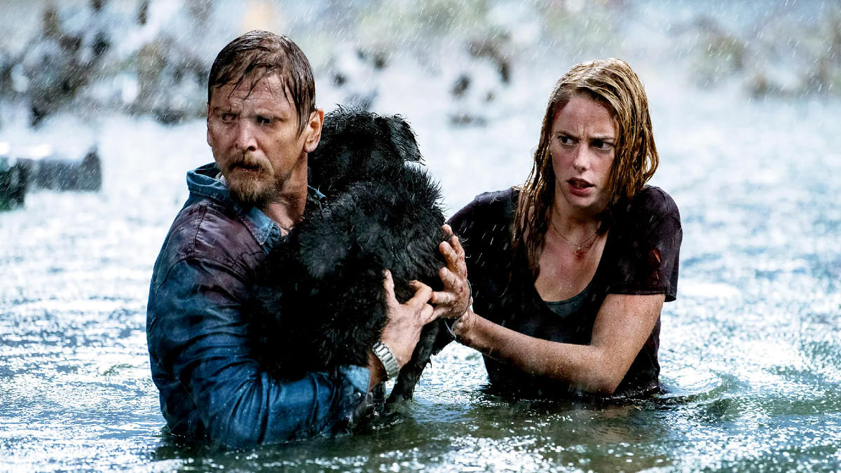 Kaya Scodelario and Barry Pepper holding a dog in flood water in 'Crawl' (2019)