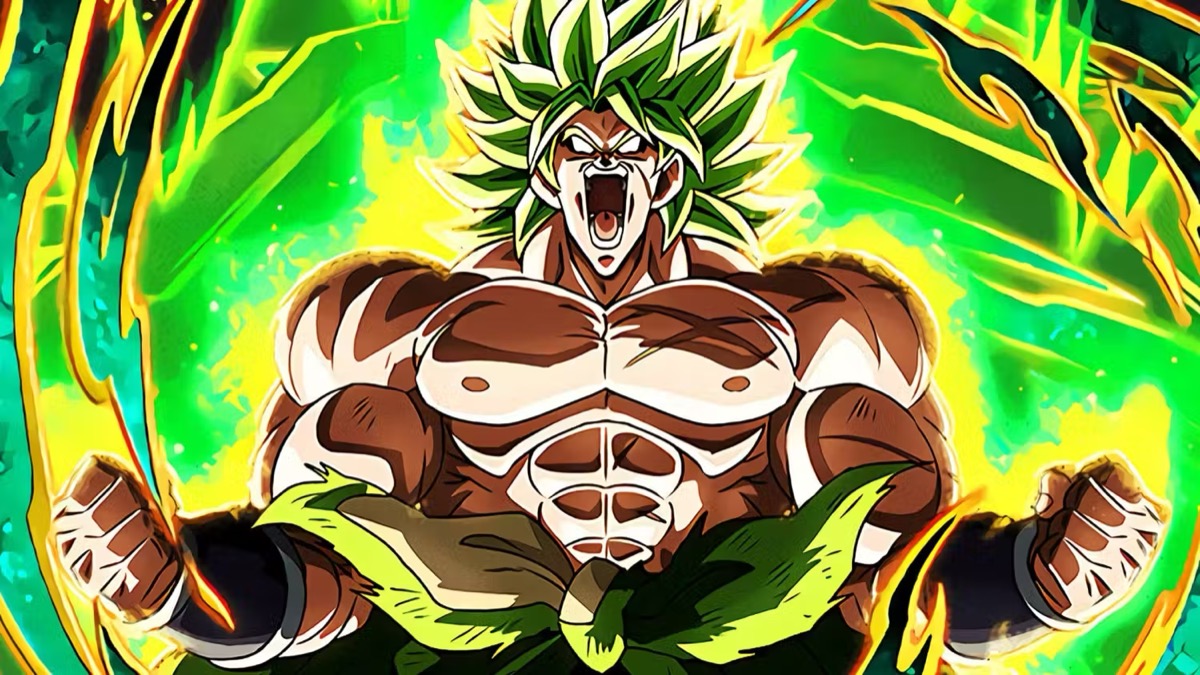 A muscular man glows green with power in "Dragon Ball Super: Broly"