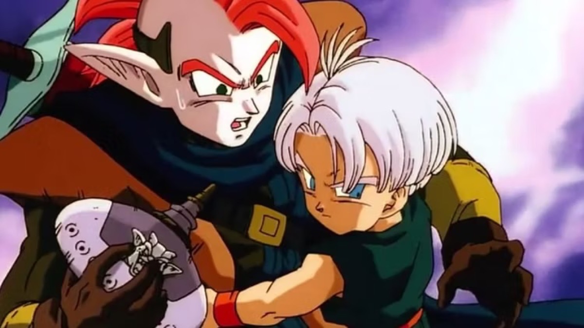 A child holds the waist of an alien. man in "Dragon Ball Z: Wrath Of The Dragon"