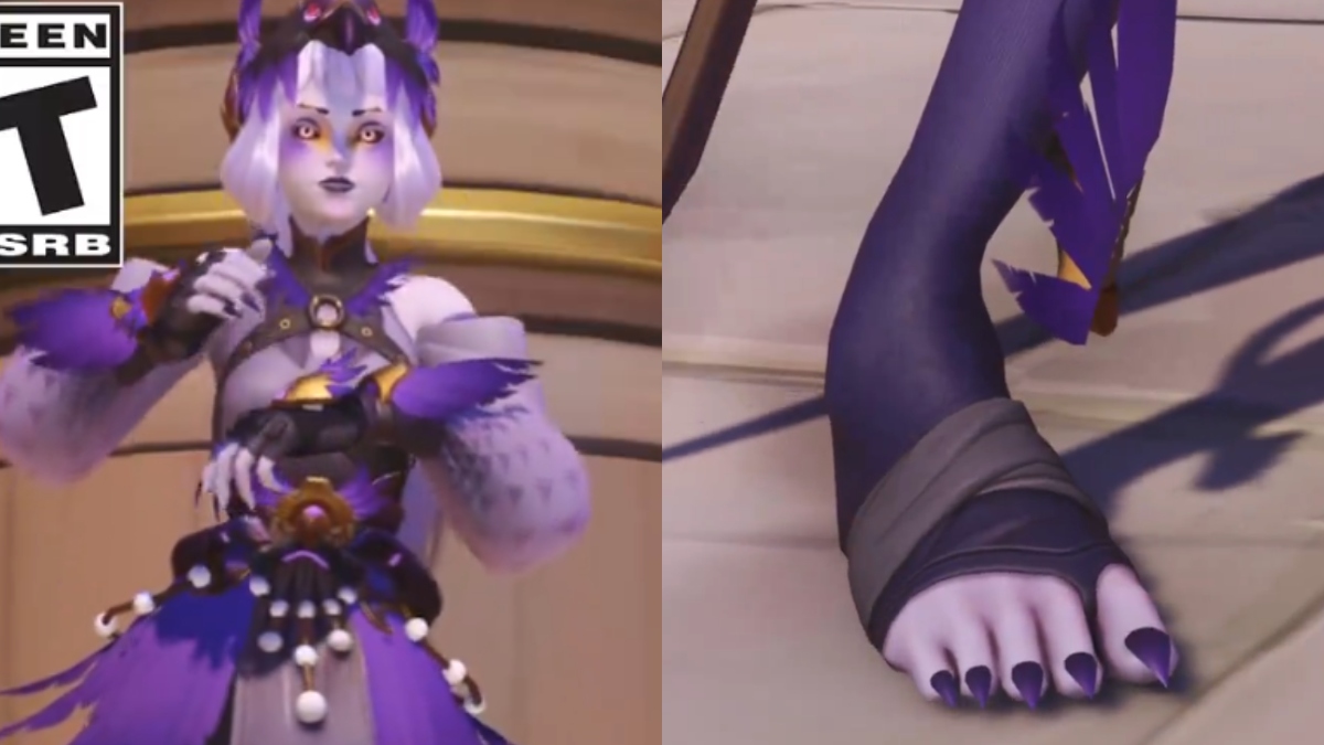 Stills from 'Overwatch 2''s promotional video of Kiriko's new skill. The left features a half-body look at the skin, while the right focuses on her purple toe nails.