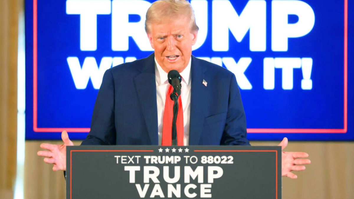 PALM BEACH, FLORIDA - OCTOBER 29: Republican presidential nominee, former U.S. President Donald Trump speaks during a press conference in the ballroom of the Mar-a-Lago Club on October 29, 2024 in Palm Beach, Florida. With one week until Election Day, Trump is scheduled to travel to the battleground state of Pennsylvania to campaign in Drexel Hill and Allentown. (Photo by Joe Raedle/Getty Images)