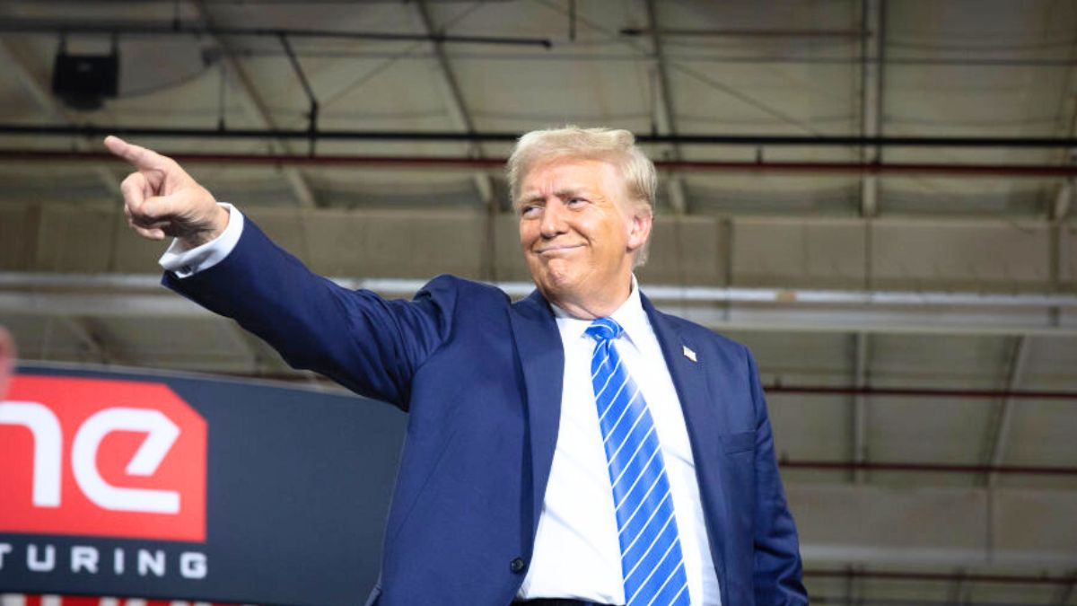 WAUNAKEE, WISCONSIN - OCTOBER 01: Republican presidential nominee, former U.S. President Donald Trump leaves a campaign event at Dane Manufacturing on October 01, 2024 in Waunakee, Wisconsin. The event is the first of two the former president is holding in the swing state today. (Photo by Scott Olson/Getty Images)