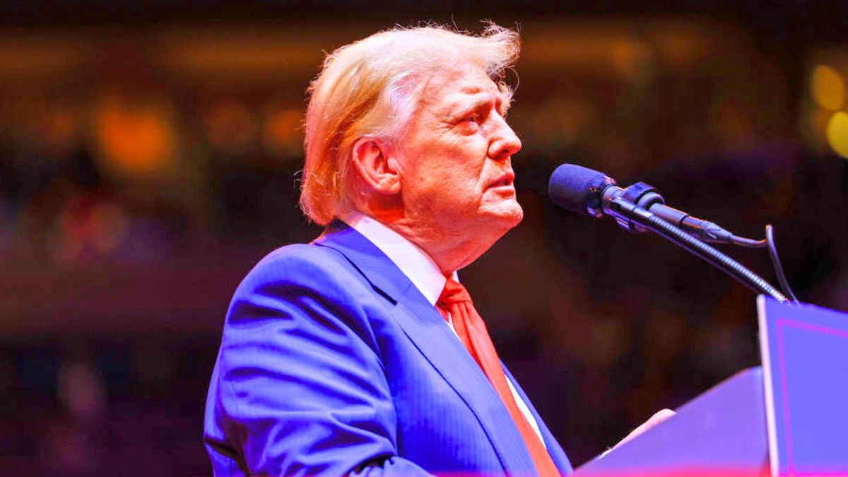 NEW YORK, NEW YORK - OCTOBER 27: Republican presidential nominee, former U.S. President Donald Trump speaks at a campaign rally at Madison Square Garden on October 27, 2024 in New York City. Trump closed out his weekend of campaigning in New York City with a guest list of speakers that includes his running mate Republican Vice Presidential nominee, U.S. Sen. J.D. Vance (R-OH), Tesla CEO Elon Musk, UFC CEO Dana White, and House Speaker Mike Johnson, among others, nine days before Election Day. (Photo by Anna Moneymaker/Getty Images)