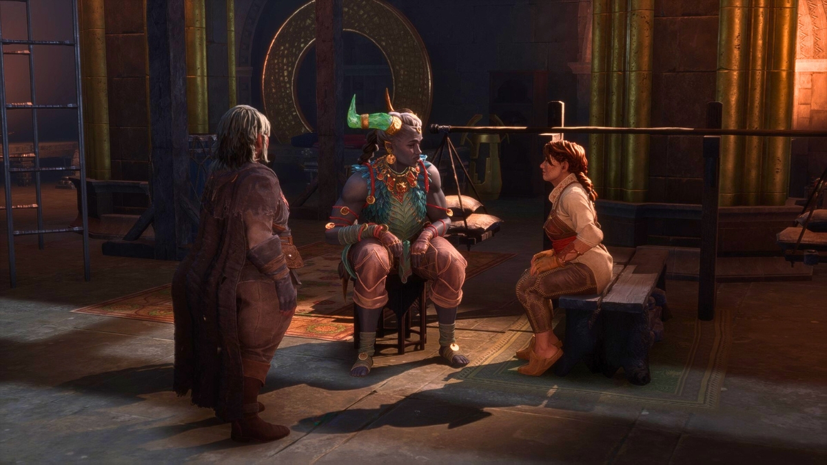 Dragon Age: The Veilguard screenshot of Rook, Taash, and Harding at the Lighthouse