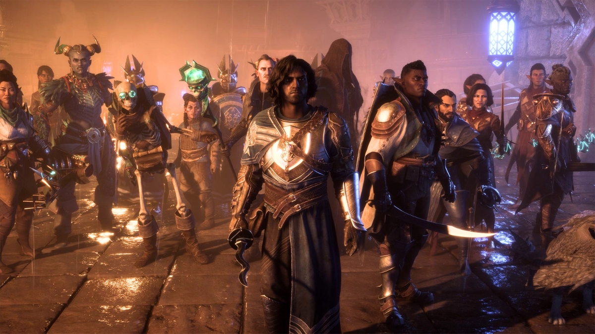 Dragon Age: The Veilguard screenshot shows the characters gathering before a battle