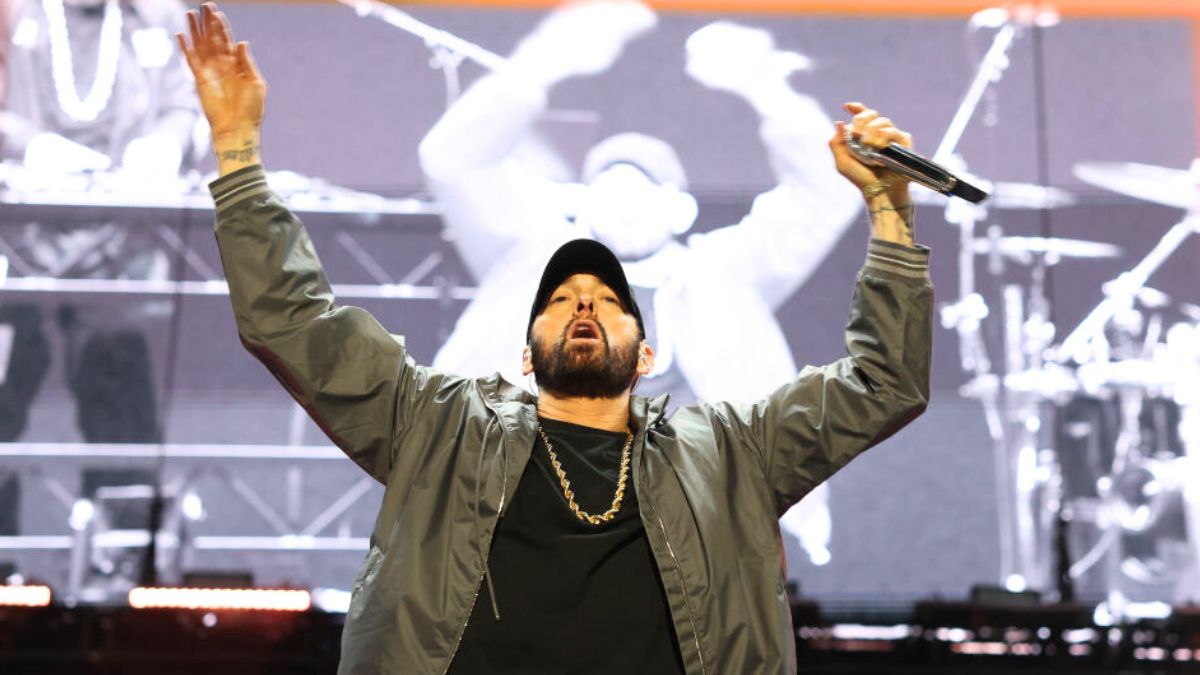 LOS ANGELES, CALIFORNIA - AUGUST 3: Eminem performs prior to the Terence Crawford v Israil Madrimov WBA World Interim WBO World Super Welterweight Title fight at BMO Stadium on August 3, 2024 in Los Angeles, California. (Photo by Mark Robinson/Matchroom Boxing/Getty Images)