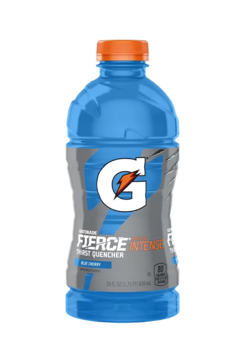 A bottle of Fierce Blue Cherry Gatorade