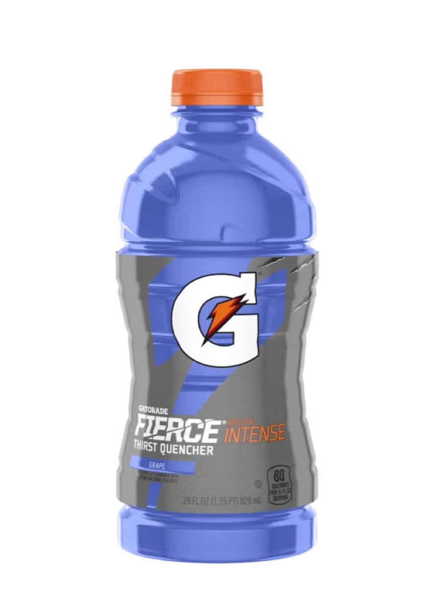 A bottle of Fierce Grape Gatorade 