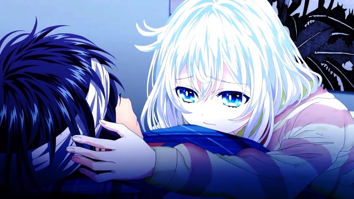 A white haired girl cups the bandaged face of a boy in "Hand Shakers"